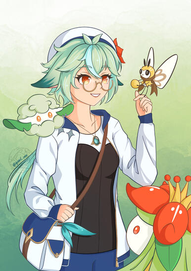 Sucrose from Genshin Impact with Pokémon (Cottonee, Ribombee & Lilligant)